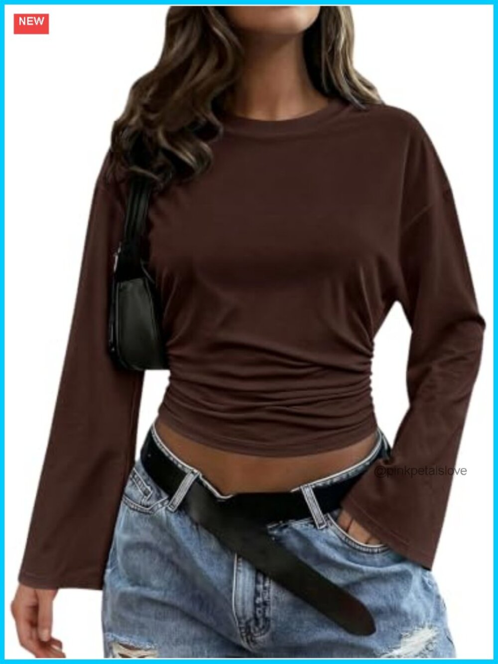 Womens Lightweight Bell Sleeve Cropped Ruched Waist T-Shirt Casual Fall Top